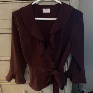 Chocolate brown frilly wrap tie top women’s XS